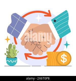 Concept d'alliance stratégique. Poignée de main ferme entre les professionnels des affaires symbolisant le partenariat, avec la croissance monétaire et les flèches de bénéfice mutuel. Collaboration et confiance. Illustration vectorielle plate Illustration de Vecteur