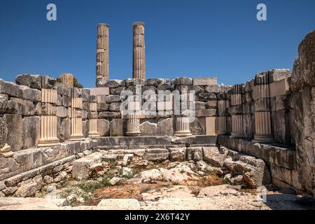 Enceinte de Zeus, la déesse Leto donne naissance à ses enfants jumeaux Artémis et Apollon à Délos, puis vient à l'endroit où la rivière Xanthos atteint t Banque D'Images