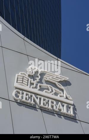 Logo de la compagnie d'assurance italienne Assicurazioni Generali à l'entrée des bureaux du Groupe Generali à Milan Banque D'Images