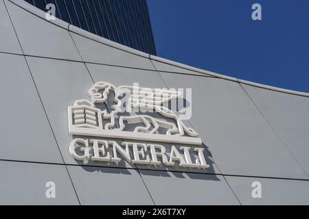 Logo de la compagnie d'assurance italienne Assicurazioni Generali à l'entrée des bureaux du Groupe Generali à Milan Banque D'Images