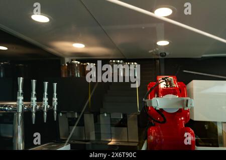 Bras mécanique robotique programmable rouge Tesla avec des fonctions similaires au bras humain dans Gigafactory Berlin-Brandenburg Tesla usine de fabrication, Berlin, Banque D'Images