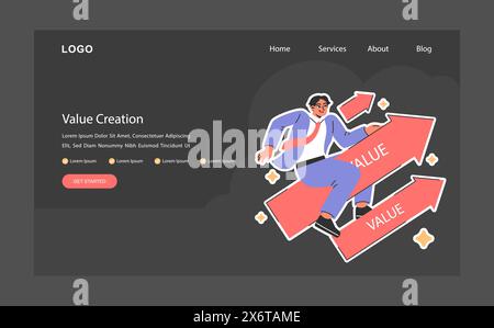 Homme d'affaires enthousiaste monte des flèches vers le haut étiquetées valeur sombre ou nuit mode Web, atterrissage. Progression ascendante. Amplifier le succès. Dynamiser la création de valeur. Illustration vectorielle plate. Illustration de Vecteur