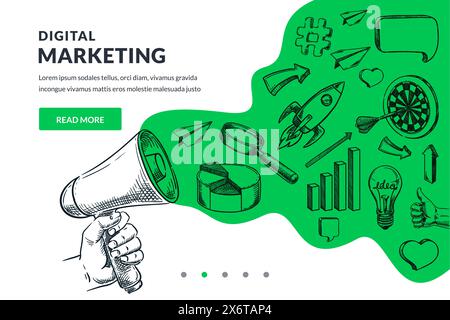 Publicité, marketing, communication d'affaires, concept de programme de recommandation. Main humaine tenant le haut-parleur avec des symboles de marketing numérique sur le bac vert Illustration de Vecteur