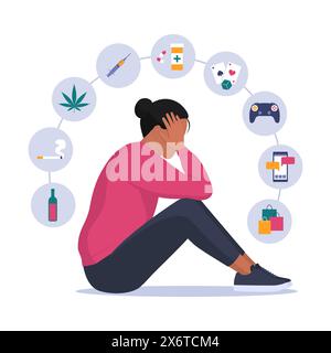 Infographie des types d'addictions avec icônes et femme déprimée : concept de troubles mentaux Illustration de Vecteur