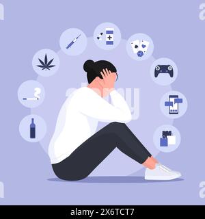 Infographie des types d'addictions avec icônes et femme déprimée : concept de troubles mentaux Illustration de Vecteur