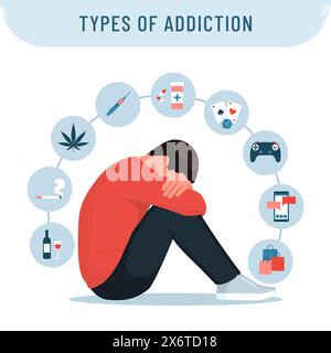 Types d'infographie de dépendance avec des icônes et l'homme déprimé, troubles mentaux concept Illustration de Vecteur