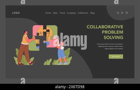 Concept collaboratif de résolution de problèmes. Deux personnes assemblent des pièces de puzzle, incarnant le travail d'équipe pour trouver des solutions et surmonter les défis. Illustration vectorielle plate Illustration de Vecteur