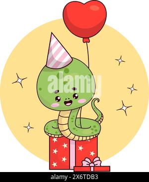 Joyeuse fête serpent en casquette d'anniversaire avec ballon et cadeau. Mignon reptile kawaii personnage. Illustration vectorielle. Collection enfants Illustration de Vecteur