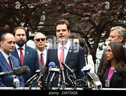 New York, États-Unis. 16 mai 2024. Le Rep. Matt Gaetz R-FL, prend la parole lors d'une conférence de presse devant la Cour pénale de Manhattan le jeudi 16 mai 2024 à New York. Le procès Hush Money de l’ancien président Donald Trump se poursuit avec son ancien avocat Michael Cohen prenant la barre pour la troisième journée. Photo de Louis Lanzano/UPI crédit : UPI/Alamy Live News Banque D'Images