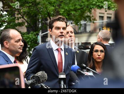 New York, États-Unis. 16 mai 2024. Le Rep. Matt Gaetz R-FL, prend la parole lors d'une conférence de presse devant la Cour pénale de Manhattan le jeudi 16 mai 2024 à New York. Le procès Hush Money de l’ancien président Donald Trump se poursuit avec son ancien avocat Michael Cohen prenant la barre pour la troisième journée. Photo de Louis Lanzano/UPI crédit : UPI/Alamy Live News Banque D'Images