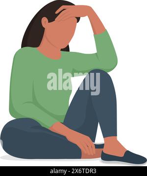 Triste femme inquiète assise sur le sol et pensant, concept de santé mentale, isolé Illustration de Vecteur