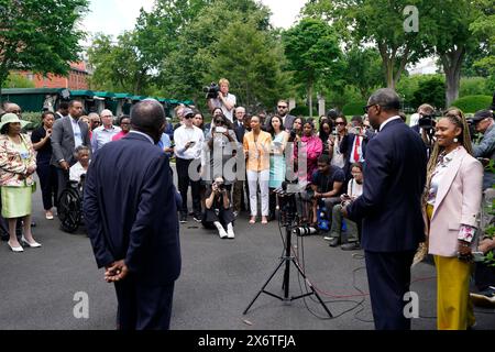 Washington, États-Unis. 16 mai 2024. Les demandeurs Brown v. Board of Education parlent aux médias après leur rencontre avec le président américain Joe Biden à la Maison Blanche à Washington le 16 mai 2024. Photo de Yuri Gripas/Pool/Sipa USA crédit : Sipa USA/Alamy Live News Banque D'Images