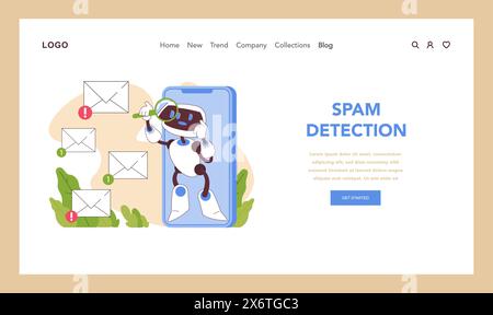 Concept de détection de spam. L'IA filtre l'encombrement, assurant l'intégrité des e-mails et la protection des utilisateurs. Gestion efficace et intelligente de la boîte de réception. Protégé contre les virus et les erreurs. Illustration vectorielle plate Illustration de Vecteur