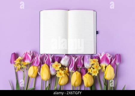 Cahier en papier ouvert avec page vide avec tulipes violettes et jaunes et jonquilles jaunes sur fond violet. Vue de dessus, pose plate, espace de travail sur fond violet. Banque D'Images
