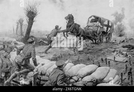 Une illustration montre un soldat quittant la sécurité de sa tranchée pour essayer d'empêcher un chariot à cheval de la Croix-Rouge d'être détruit après que le conducteur a été tué par une balle perdue. Cette scène, qui se déroule sur le front occidental pendant la première Guerre mondiale, met en lumière la bravoure et l’altruisme des soldats qui ont risqué leur vie pour protéger le personnel médical et les fournitures dans le chaos de la bataille. Banque D'Images