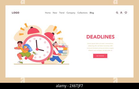 Stress éducatif web ou atterrissage. Les étudiants courent contre l'horloge transportant des livres et un sac à dos. Urgence des échéances imminentes en milieu académique. Un coup de temps implacable. Illustration vectorielle plate Illustration de Vecteur