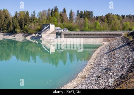 Barrage de Lech à Forggensee, Lech, centrale électrique, réservoir de tête, protection contre les inondations, régulation des inondations, production d'énergie, stockage d'énergie, Rosshaupten Banque D'Images