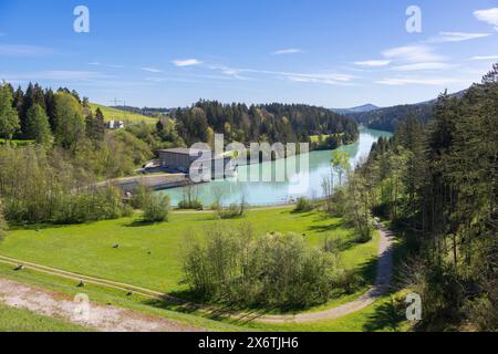 Centrale électrique à Forggensee, barrage de Lech, Lech, réservoir de tête, protection contre les inondations, régulation des inondations, production d'énergie, stockage d'énergie, Rosshaupten Banque D'Images