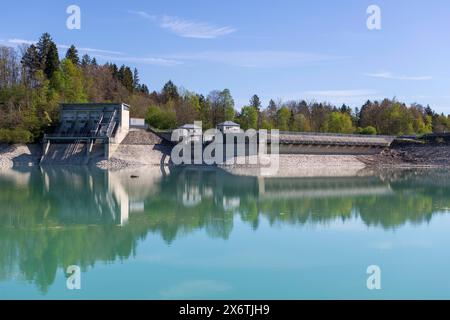 Barrage de Lech à Forggensee, Lech, centrale électrique, réservoir de tête, protection contre les inondations, régulation des inondations, production d'énergie, stockage d'énergie, Rosshaupten Banque D'Images