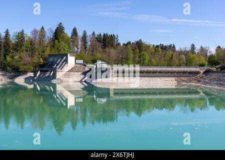 Barrage de Lech à Forggensee, Lech, centrale électrique, réservoir de tête, protection contre les inondations, régulation des inondations, production d'énergie, stockage d'énergie, Rosshaupten Banque D'Images