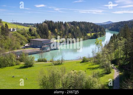 Centrale électrique à Forggensee, barrage de Lech, Lech, réservoir de tête, protection contre les inondations, régulation des inondations, production d'énergie, stockage d'énergie, Rosshaupten Banque D'Images