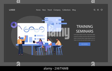 Concept de séminaires de formation. Un instructeur engagé présente des informations sur les données au fur et à mesure que les employés attentifs apprennent, équipé d'ordinateurs portables. Atmosphère d'apprentissage productive avec aides visuelles. Illustration vectorielle plate. Illustration de Vecteur