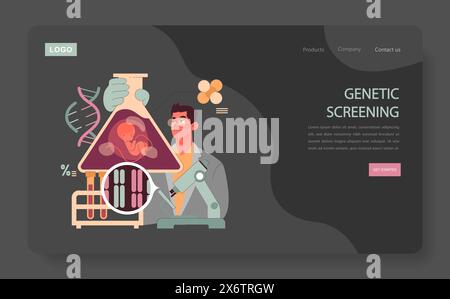 Concept de dépistage génétique. Un scientifique observe un fœtus dans un flacon triangulaire, reliant les mystères de l'ADN et de la recherche génétique. Explorer les traits hérités. Illustration vectorielle plate. Illustration de Vecteur