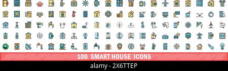 100 icônes de maison intelligente définies. Ensemble de ligne de couleur des icônes vectorielles de maison intelligente couleur de ligne mince plat sur blanc Illustration de Vecteur