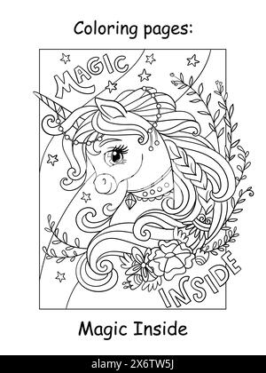 Licorne mignonne avec la magie du lettrage à l'intérieur du vecteur de coloration Illustration de Vecteur