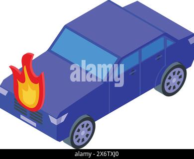 Illustration isométrique vibrante d'une voiture bleue avec des flammes éclatant du moteur Illustration de Vecteur