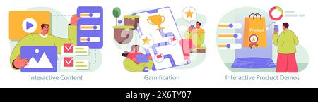 Set marketing immersif. Captivez le public grâce au contenu interactif, à la gamification et aux démonstrations de produits. Les stratégies numériques modernes améliorent l'expérience utilisateur. Illustration vectorielle. Illustration de Vecteur