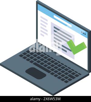 illustration 3d d'un ordinateur portable isométrique affichant une coche verte, symbolisant l'achèvement ou l'approbation de la tâche Illustration de Vecteur