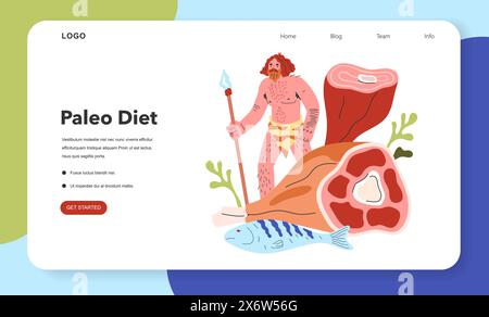 Concept de régime Paleo. Un homme des cavernes avec une lance, de la viande fraîche et du poisson dépeint la tendance alimentaire ancestrale. Illustration du mode de vie nutritionnel. Illustration vectorielle. Illustration de Vecteur