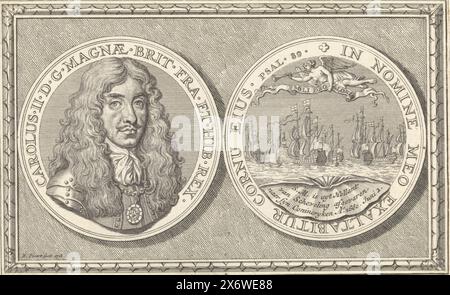 Médaille avec le portrait de Charles II d'Angleterre, Médaille avec le portrait de Charles II, roi d'Angleterre. De l'autre côté le départ du roi de Scheveningen pour l'Angleterre le 2 juin 1660., estampe, imprimeur : Bernard Picart, (mentionné sur l'objet), Amsterdam, 1718, papier, gravure, gravure, hauteur, 98 mm × largeur, 155 mm Banque D'Images