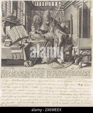 Église Père Grégoire le Grand, les quatre Pères de l'Église (titre de la série), Thesaurus sacrarum historiarum veteris testamenti (...) (titre de la série), Saint Grégoire le Grand est assis dans son étude à une table pleine de livres. Il écrit dans un livre ouvert. Il porte les robes papales et la tiare, et tient le bâton de croix pontificale. Un chien qui dort est allongé à ses pieds. Dans la marge une légende de dix lignes, en deux colonnes, en latin., estampe, imprimeur : Antonie Wierix (II), (mentionné sur l'objet), après dessin par : Maerten de vos, (mentionné sur l'objet), éditeur : Gerard de Jode, (mentionné sur l'objet), Anvers, 1585, papier Banque D'Images