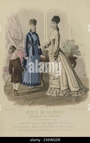 Revue de la mode, Gazette de la famille, dimanche 13 mai 1877, 6e année, No 280 : toilettes de Mme Duboys (...), deux femmes et une fille dans un intérieur, selon la légende, vêtues de robes de Duboys. Voici quelques lignes de texte publicitaire pour différents produits. Tirage tiré du magazine de mode revue de la mode (1872-1913)., imprimeur : a Paul, (mentionné sur l'objet), imprimeur : Falconer, (mentionné sur l'objet), Paris, 1877, papier, gravure, hauteur c. 360 mm × largeur c. 243 mm Banque D'Images
