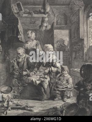 Fabricant de crêpes, dans une cuisine une vieille femme est assise devant un feu faisant des crêpes. La poêle est en feu. A côté d'elle un homme avec une pipe et un enfant avec une crêpe. Derrière l'homme fumant une jeune femme et un petit enfant. Un vieil homme se tient devant la porte avec un verre. Un chat à droite., estampe, imprimeur : Cornelis Visscher (II), après conception par : Cornelis Visscher (II), (mentionné sur l'objet), éditeur : Clément de Jonghe, (mentionné sur l'objet), imprimeur : Haarlem, éditeur : Amsterdam, 1638 - 1670, papier, gravure, gravure, hauteur, 427 mm × largeur, 345 mm Banque D'Images