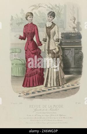 Revue de la mode, Gazette de la famille, dimanche 22 août 1880, 9e année, No 451 : toilettes de Mme Duboys (...), deux femmes dans un intérieur, vêtues de robes par Duboys. A gauche : robe en satin ('satin merveilleux'). Droite : 'toilette de demi-saison' convient pour une jeune femme ou une fille. Arc blanc au cou. Ci-dessous l'image sont quelques lignes de texte publicitaire pour différents produits. Tirage tiré du magazine de mode revue de la mode (1872-1913). Description détaillée des vêtements à la page 284 'PLANCHE COLORIÉE'., imprimeur : A. Chaillot, imprimeur : Falconer, (mentionné sur l'objet), Paris, 1880 Banque D'Images