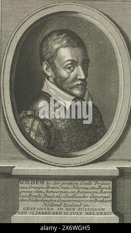 Portrait de Guillaume Ier, Prince d'Orange, Portrait de Guillaume Ier dans un ovale avec écriture de bordure. Huit lignes de texte néerlandais sur un piédestal. En haut à gauche, « pièce 3.de » et en haut à droite, « Pag. 41.'., imprimeur : Jan Punt, Jan Punt, (mentionné sur l'objet), éditeur : Nicolaas Goetzee, imprimeur : Amsterdam, Amsterdam, éditeur : Gorinchem, 1750, papier, gravure, gravure, hauteur, 217 mm × largeur, 127 mm Banque D'Images