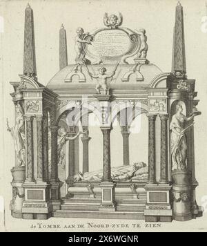 Tombeau de Willem I, Prince d'Orange, 1623, le tombeau sur le côté Nord peut être vu (titre sur objet), tombeau ou mausolée de Willem I dans le Nieuwe Kerk à Delft, achevé en 1623. Vu de côté avec la statue du prince couché., estampe, imprimeur : anonyme, pays-Bas, 1700 - 1799, papier, gravure, hauteur, 155 mm × largeur, 139 mm Banque D'Images