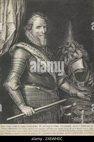 Portrait de Maurits, Prince d'Orange, Portrait de Maurits. Il se tient à côté d'une table avec le casque de son armure dessus. Il tient un état-major de commandement. Quatre lignes de texte latin dans la marge inférieure., impression, imprimeur : anonyme, après impression par : Jan Harmensz. Muller, après peinture par : Michiel Jansz van Mierevelt, pays-Bas, 1608 - 1699, papier, gravure, gravure, hauteur, 410 mm × largeur, 291 mm Banque D'Images