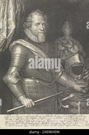 Portrait de Maurits, Prince d'Orange, Portrait de Maurits. Il se tient à côté d'une table avec le casque de son armure dessus. Il tient un état-major de commandement. Cinq lignes de texte néerlandais dans la marge inférieure., impression, imprimeur : Willem Jacobsz Delff, (mentionné sur l'objet), après impression par : Jan Harmensz. Muller, après peinture par : Michiel Jansz van Mierevelt, imprimeur : Delft, éditeur : Rotterdam, 1627 - 1632, papier, gravure, gravure, hauteur, 312 mm × largeur, 226 mm Banque D'Images