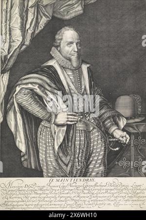 Portrait de Maurits, Prince d'Orange, Portrait de Maurits. Il est debout dans une pièce à côté d'une table avec un tissu et un chapeau dessus. Son nom et son sexe sont dans la marge inférieure., impression, imprimeur : Andries Jacobsz. Stock, (mentionné sur l'objet), la Haye, 1623, papier, gravure, gravure, hauteur, 478 mm × largeur, 332 mm Banque D'Images