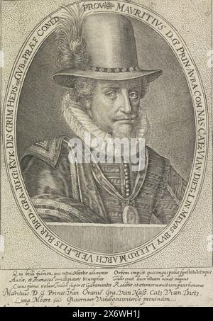 Portrait de Maurits, Prince d'Orange, Portrait de Maurits dans un ovale avec écriture de bordure. Dans la marge inférieure deux colonnes avec chacune trois lignes de texte latin et son nom., estampe, imprimeur : Crispijn van de passe (I), Low Countries, (éventuellement), 1612 - 1637, papier, gravure, gravure, hauteur, 182 mm × largeur, 128 mm Banque D'Images