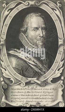 Portrait de Maurits, Prince d'Orange, Portrait de Maurits dans un ovale ornementé avec écriture de bord. Son nom dans un cartouche., estampe, imprimeur : Willem Hondius, (mentionné sur l'objet), éditeur : Hendrick Hondius, (mentionné sur l'objet), la Haye, 1649, papier, gravure, hauteur, 208 mm × largeur, 127 mm Banque D'Images