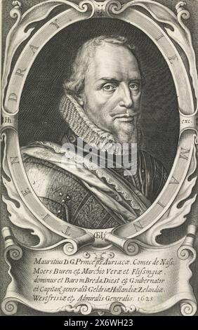 Portrait de Maurits, Prince d'Orange, Portrait de Maurits dans un ovale ornementé avec écriture de bord. Son nom dans un cartouche., estampe, imprimeur : Willem Hondius, (mentionné sur l'objet), éditeur : Hendrick Hondius, (mentionné sur l'objet), la Haye, 1623, papier, gravure, hauteur, 201 mm × largeur, 129 mm Banque D'Images