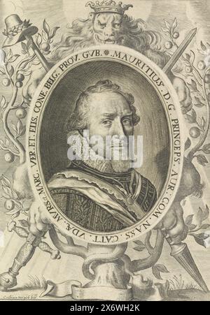 Portrait de Maurits, Prince d'Orange, Portrait de Maurits dans un ovale avec écriture de bordure. Entièrement dans un cadre gravé séparément avec un certain nombre d'objets allégoriques., impression, imprimeur : Crispijn van den Queborn, la Haye, 1624 - 1652, papier, gravure, gravure, hauteur, 262 mm × largeur, 184 mm Banque D'Images