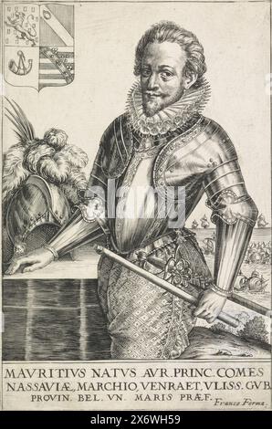 Portrait de Maurits, Prince d'Orange, Portrait de Maurits avec ses armoiries à gauche. Il se tient à côté d'une table avec le casque de son armure dessus. Il tient un état-major de commandement. En arrière-plan une bataille maritime. Son nom dans un cadre., impression, imprimeur : anonyme, pays Bas, 1600 - 1699, papier, gravure, gravure, hauteur, 208 mm × largeur, 137 mm Banque D'Images