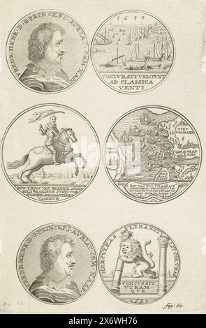 Médailles avec portraits de Frederik Hendrik, Prince d'Orange, ci-dessus : Portrait de Frederik Hendrik dans un cercle avec inscription de bordure à gauche et un paysage marin avec des bateaux dans un cercle à droite. Milieu : portrait équestre de Frederik Hendrik dans un cercle à gauche et une carte dans un cercle à droite. Ci-dessous : portrait de Frederik Hendrik dans un cercle avec inscription de bordure à gauche et un lion avec deux colonnes dans un cercle avec inscription de bordure à droite. En bas à droite 'fig. : 60.'., imprimer, imprimeur : anonyme, pays Bas, 1631, papier, gravure, gravure, hauteur, 195 mm × largeur, 132 mm Banque D'Images