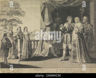 Portrait de famille de Frederik Hendrik, Prince d'Orange, Amalia van Solms et leurs enfants, portrait de famille de Frederik Hendrik, Amalia et leurs enfants Willem II, Louise Henriëtte et Henriëtte Amalia. Le groupe est debout sur un balcon, un jardin en arrière-plan. Leurs noms dans la marge inférieure., imprimeur, imprimeur : anonyme, éditeur : Francoys van Beusekom, (mentionné sur l'objet), imprimeur : Low Countries, éditeur : Amsterdam, c. 1642 - c. 1665, papier, gravure, gravure, hauteur, 380 mm × largeur, 498 mm Banque D'Images